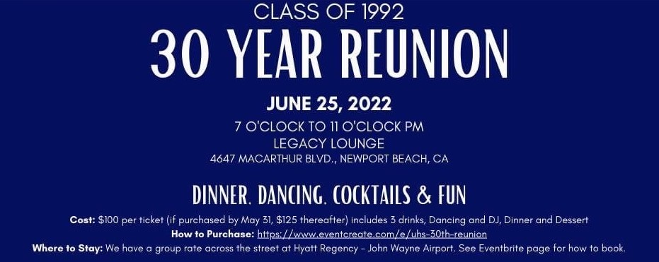 30th reunion info for class of 92