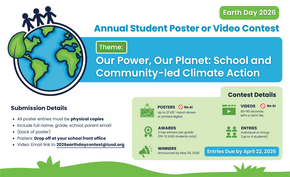 Poster for the Earth Day 2026 Annual Student Poster or Video Contest with the theme 'Our Power, Our Planet: School and Community-led Climate Action'.