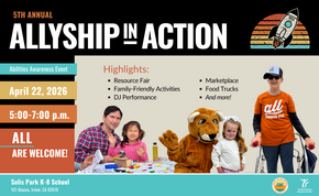 Poster for the 5th Annual Allyship in Action Abilities Awareness Event on April 22, 2026, from 5-7 PM at Solis Park K-8 School.