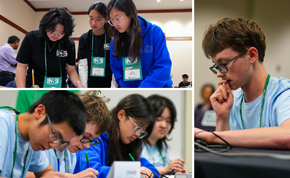 Uni High students wearing NSB lanyards focus intently on their work at tables.